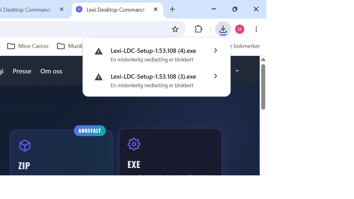 Chrome download-popup viser blokkert nedlasting